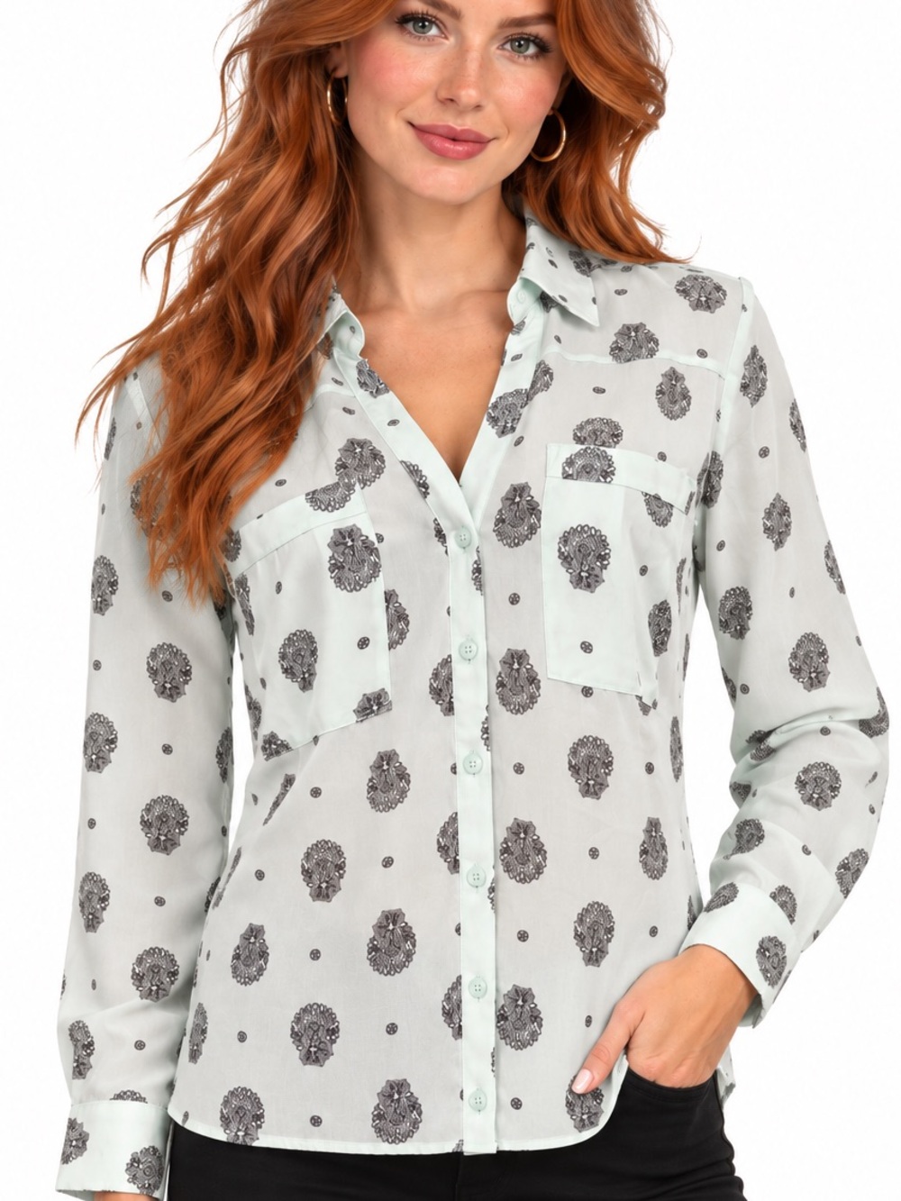 Express Mint Green Button-Down Shirt with Gray Floral Print XS